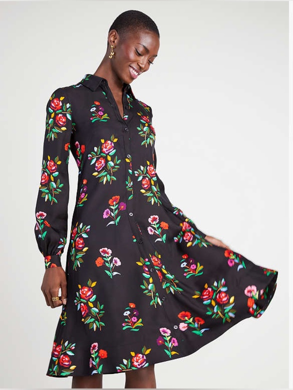 Kate Spade Autumn Floral Silk Blend Shirtdress Tie-Neck Black NWOT
